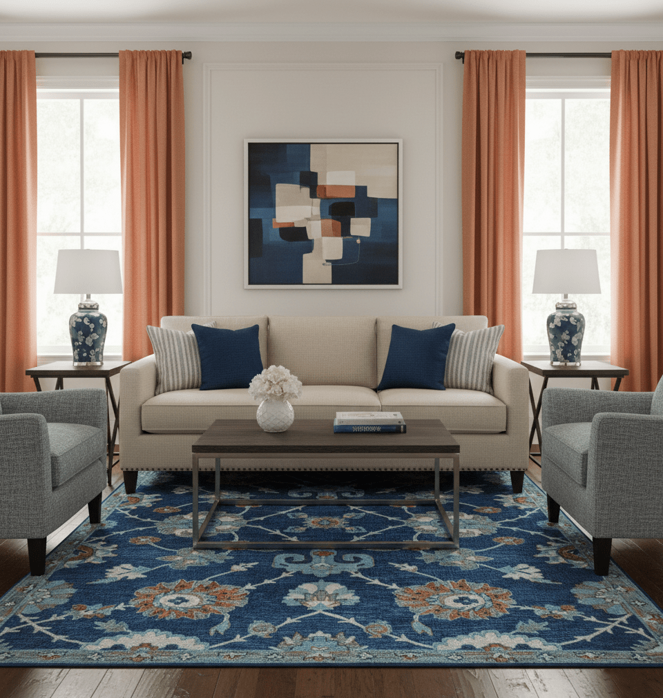 Custom Made Traditional Oriental Design Blue And Beige Hand-Tufted Wool Area Rug