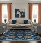 Custom Made Traditional Oriental Design Blue And Beige Hand-Tufted Wool Area Rug
