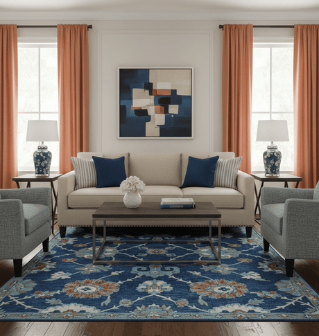 Custom Made Traditional Oriental Design Blue And Beige Hand-Tufted Wool Area Rug