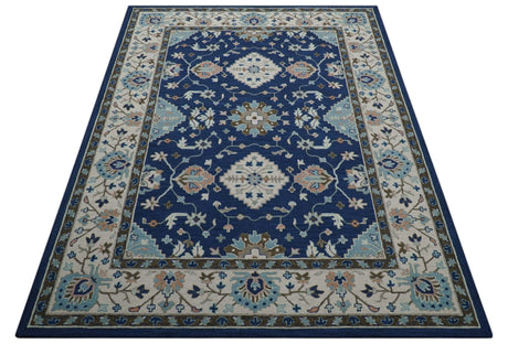 Custom Made Traditional Oriental Design Blue And Beige Hand-Tufted Wool Area Rug