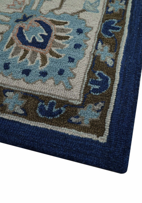 Custom Made Traditional Oriental Design Blue And Beige Hand-Tufted Wool Area Rug