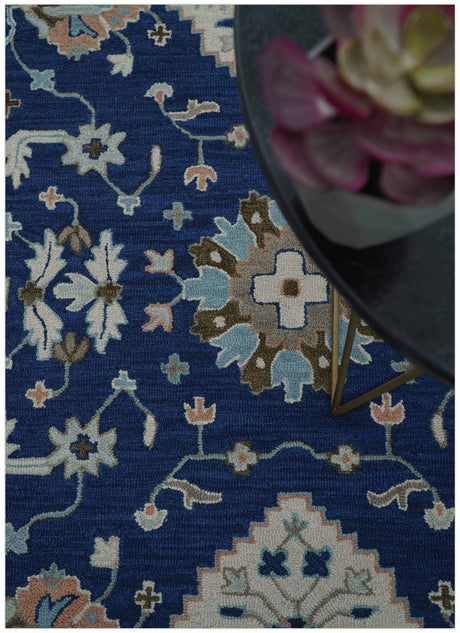 Custom Made Traditional Oriental Design Blue And Beige Hand-Tufted Wool Area Rug
