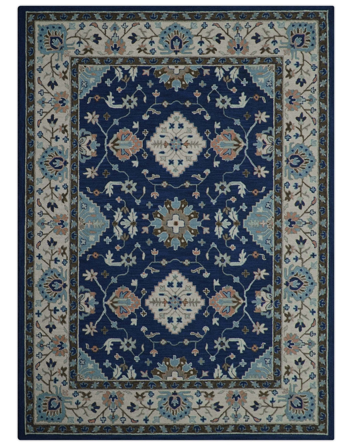 Custom Made Traditional Oriental Design Blue And Beige Hand-Tufted Wool Area Rug