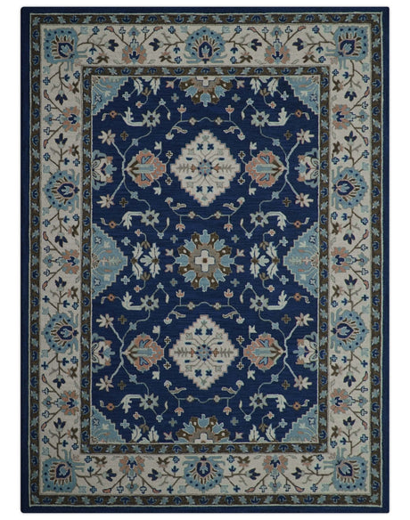 Custom Made Traditional Oriental Design Blue And Beige Hand-Tufted Wool Area Rug