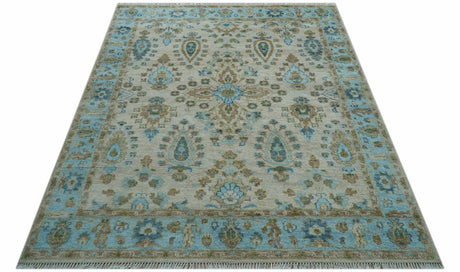 Custom Made Traditional Oriental Design Ivory And Blue Hand knotted Wool Area Rug