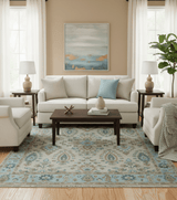 Custom Made Traditional Oriental Design Ivory And Blue Hand knotted Wool Area Rug