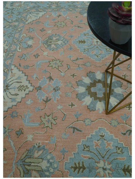 Custom Made Traditional Oriental Design Pink And Blue Hand Tufted Wool Area Rug