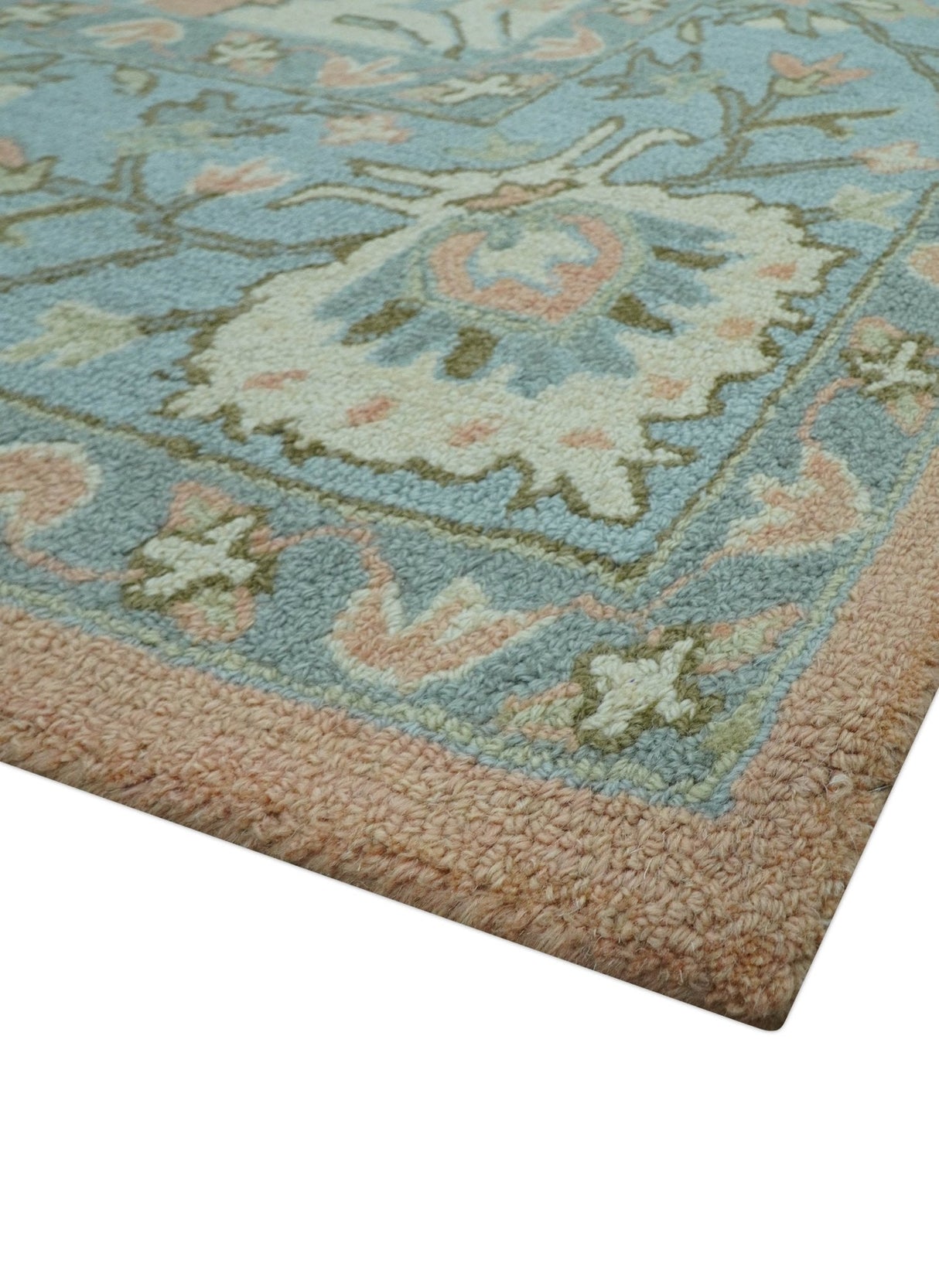 Custom Made Traditional Oriental Design Pink And Blue Hand Tufted Wool Area Rug