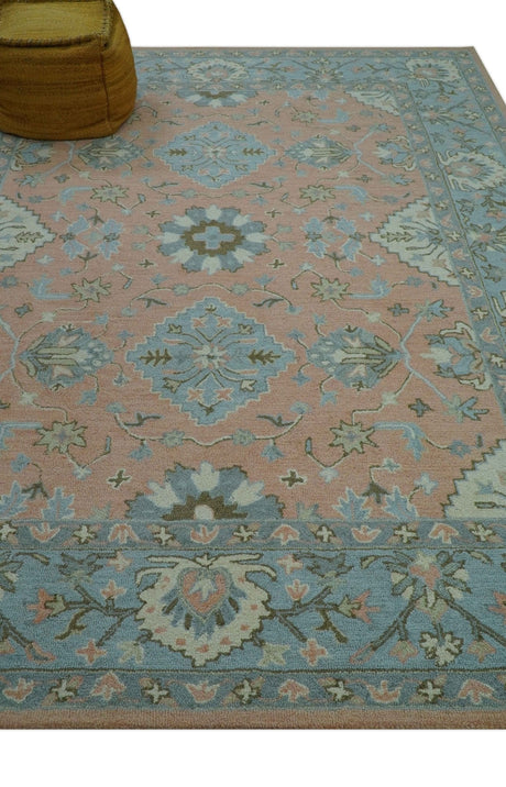 Custom Made Traditional Oriental Design Pink And Blue Hand Tufted Wool Area Rug