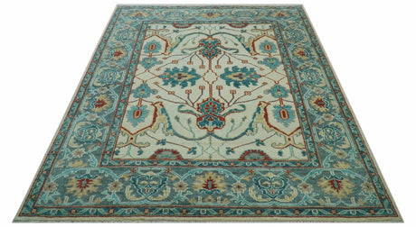 Custom Made Traditional Oriental Oushak Ivory And Blue Hand Knotted Wool Rug