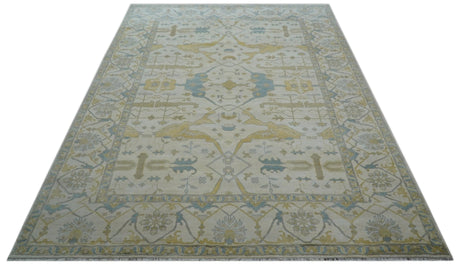 Custom Made Traditional Oushak Beige And Blue Hand Knotted Wool Rug