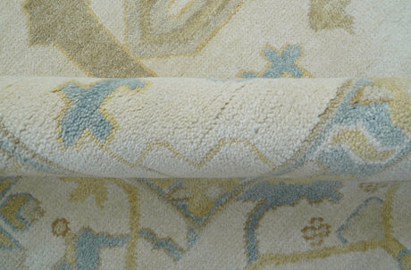 Custom Made Traditional Oushak Beige And Blue Hand Knotted Wool Rug