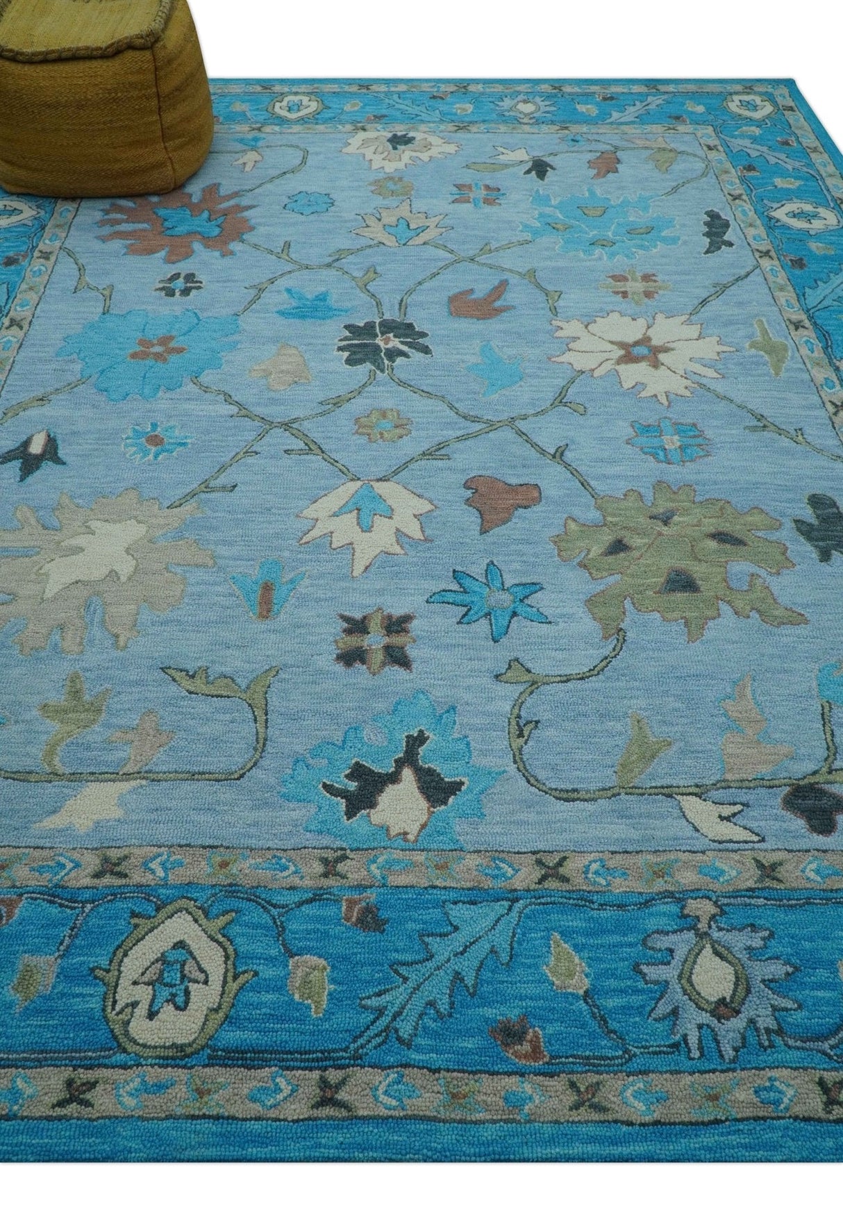 Custom Made Traditional Oushak Blue And Beige Hand Tufted Wool Area Rug