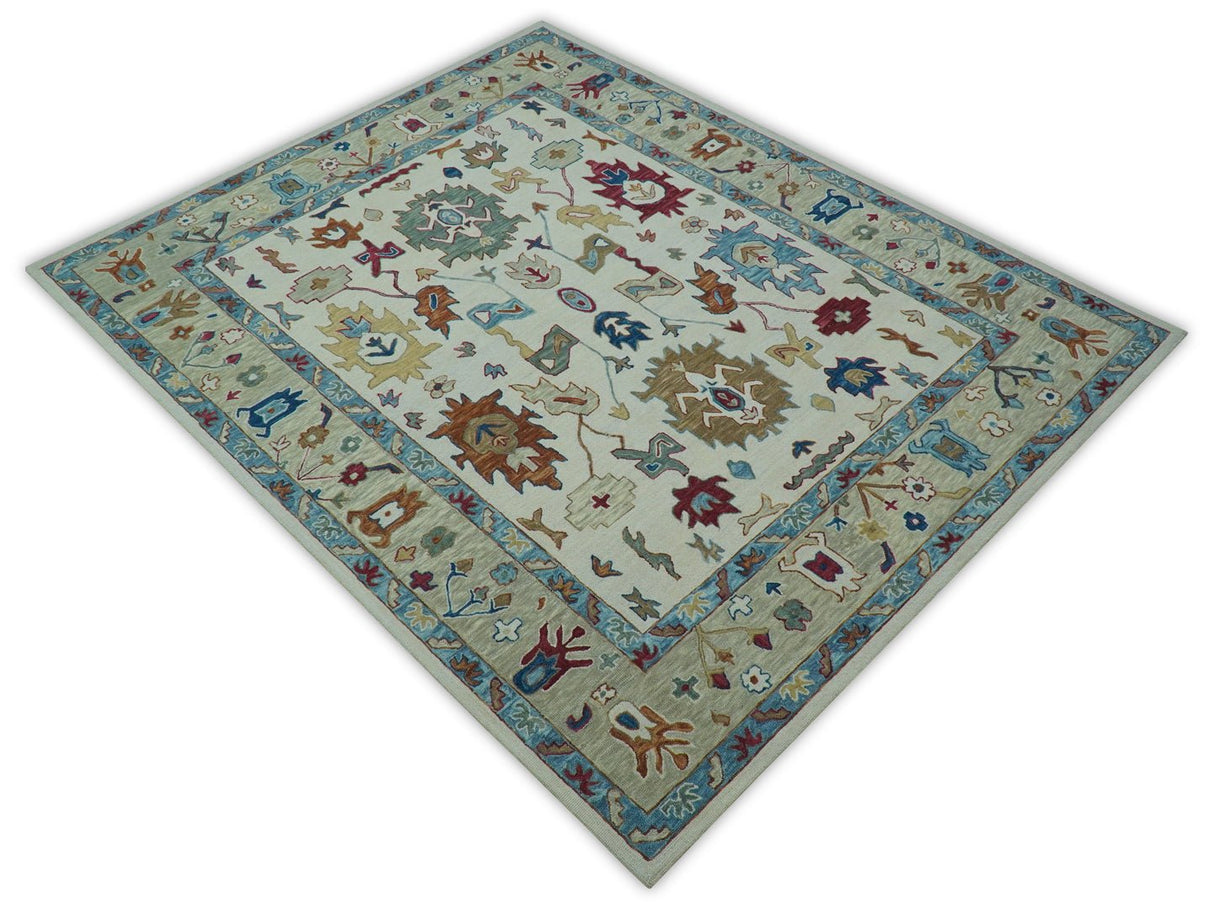 Custom Made Traditional Oushak Blue And Beige Hand Tufted Wool Rug
