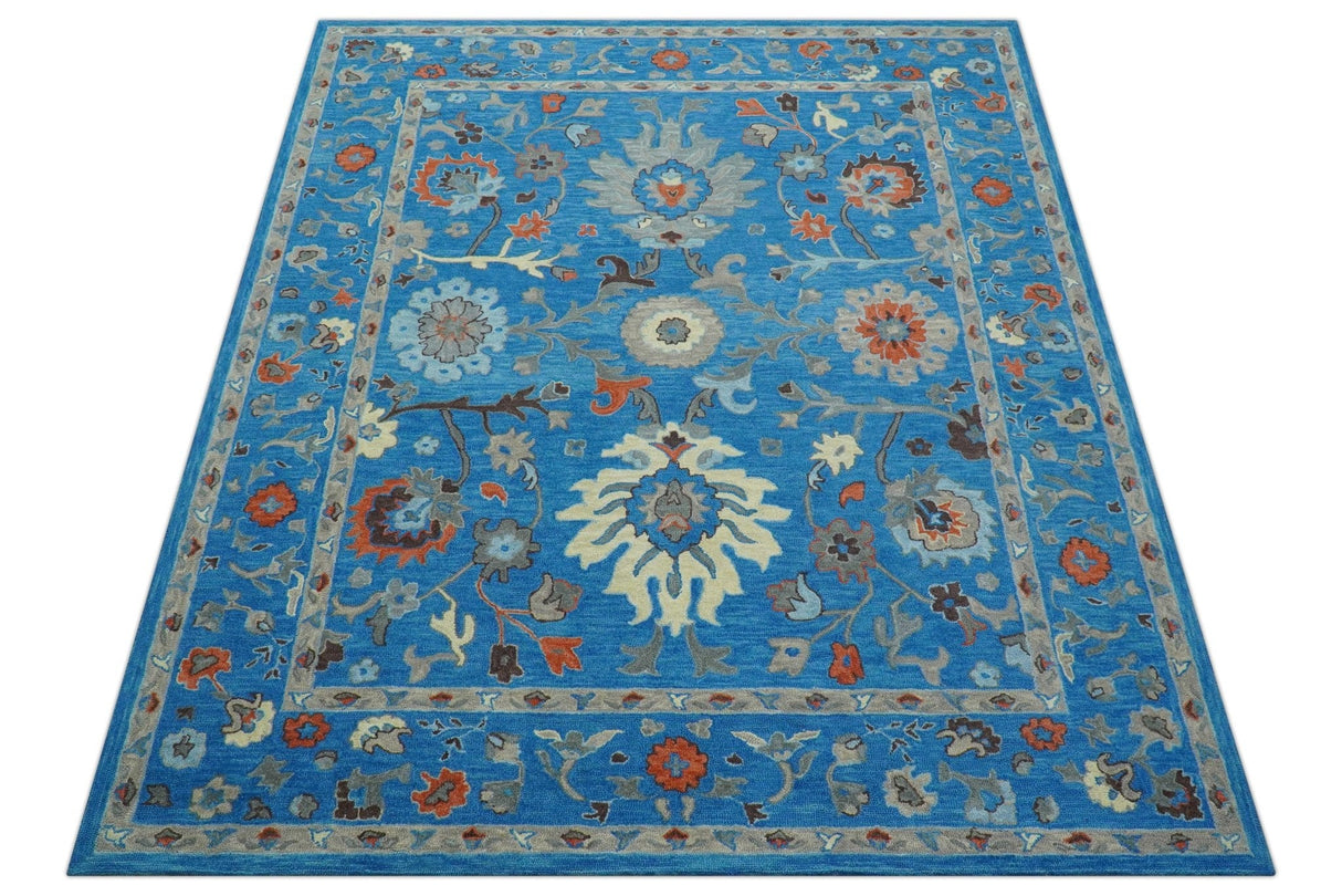 Custom Made Traditional Oushak Blue And Beige Hand Tufted Wool Rug
