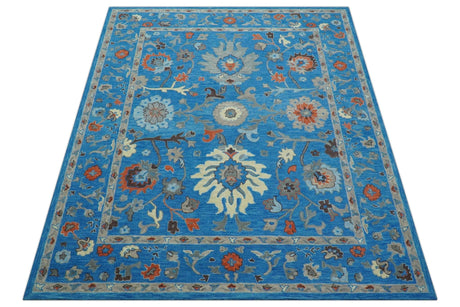Custom Made Traditional Oushak Blue And Beige Hand Tufted Wool Rug