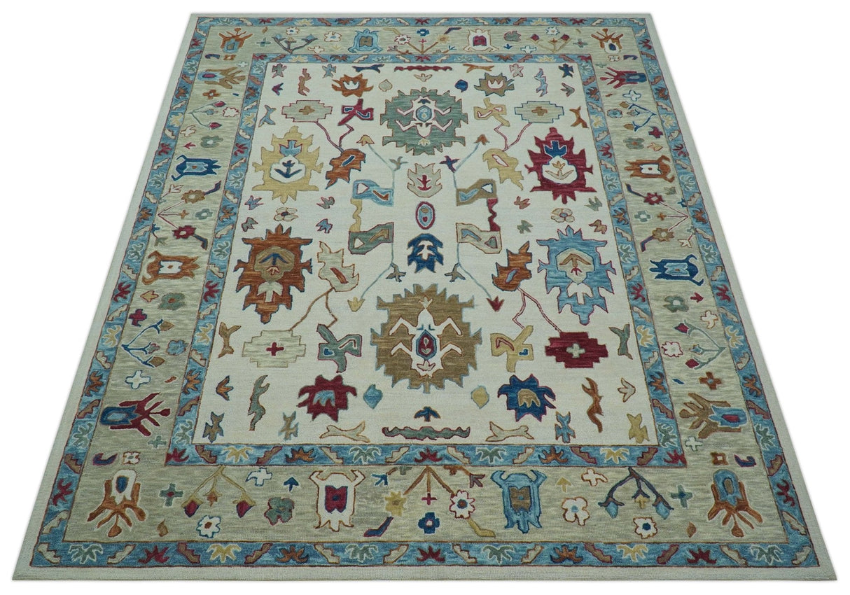 Custom Made Traditional Oushak Blue And Beige Hand Tufted Wool Rug