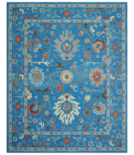 Custom Made Traditional Oushak Blue And Beige Hand Tufted Wool Rug
