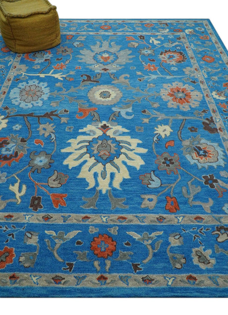 Custom Made Traditional Oushak Blue And Beige Hand Tufted Wool Rug