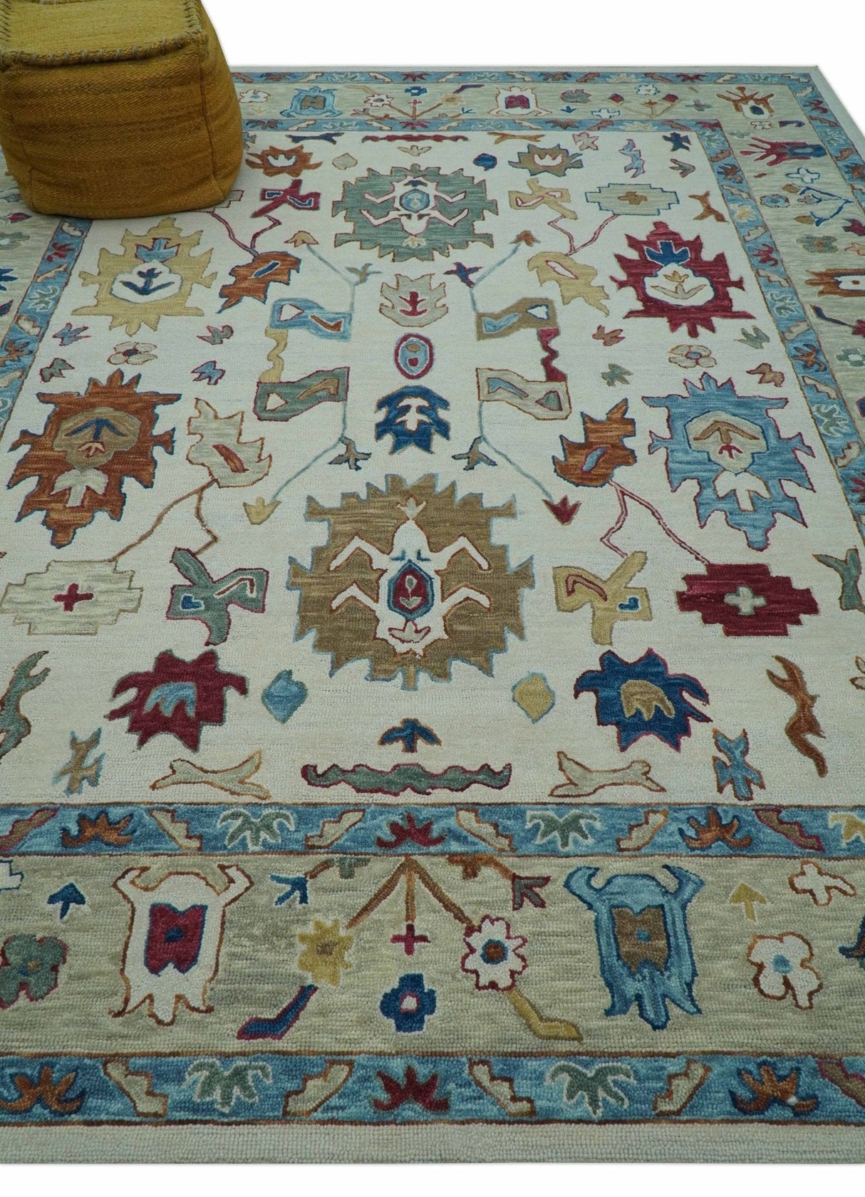 Custom Made Traditional Oushak Blue And Beige Hand Tufted Wool Rug