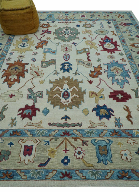 Custom Made Traditional Oushak Blue And Beige Hand Tufted Wool Rug