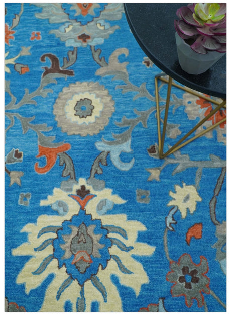 Custom Made Traditional Oushak Blue And Beige Hand Tufted Wool Rug
