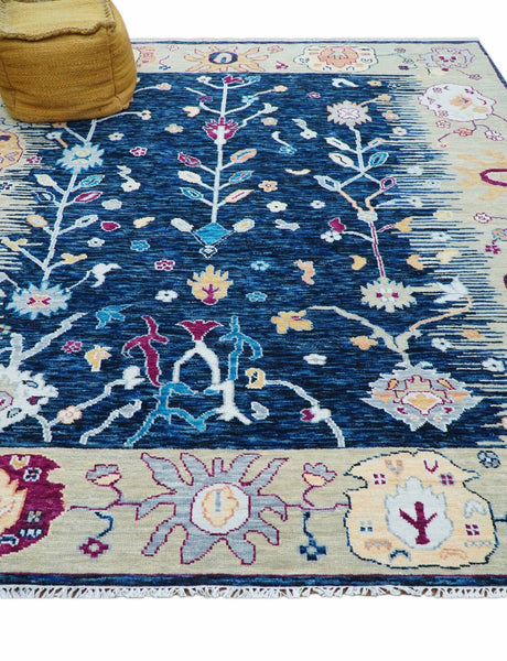 Custom Made Traditional Oushak Blue And Ivory Hand Knotted Wool Rug