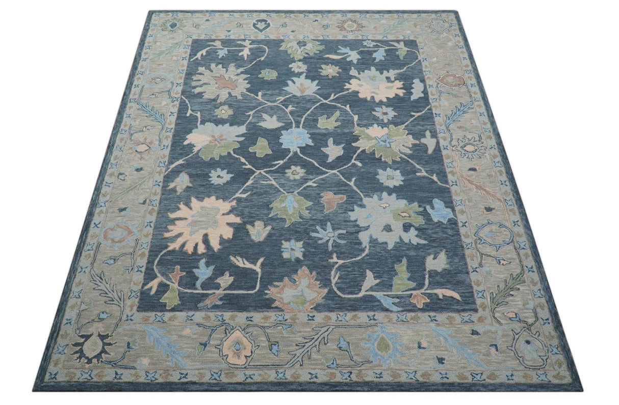 Custom Made Traditional Oushak Charcoal And Beige Hand Tufted Wool Area Rug