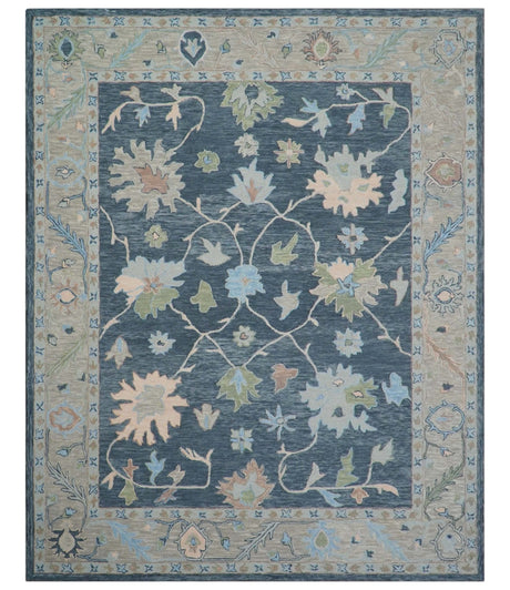Custom Made Traditional Oushak Charcoal And Beige Hand Tufted Wool Area Rug