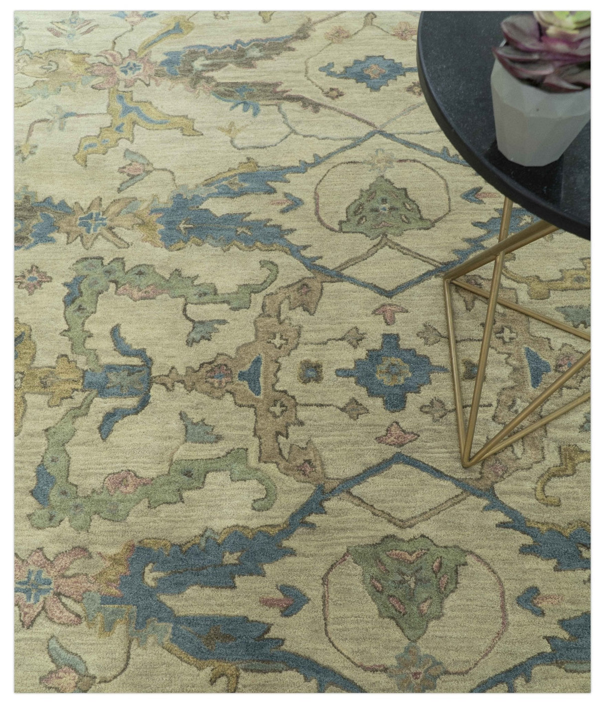 Custom Made Traditional Oushak Design Beige And Blue Hand Tufted Wool Area Rug