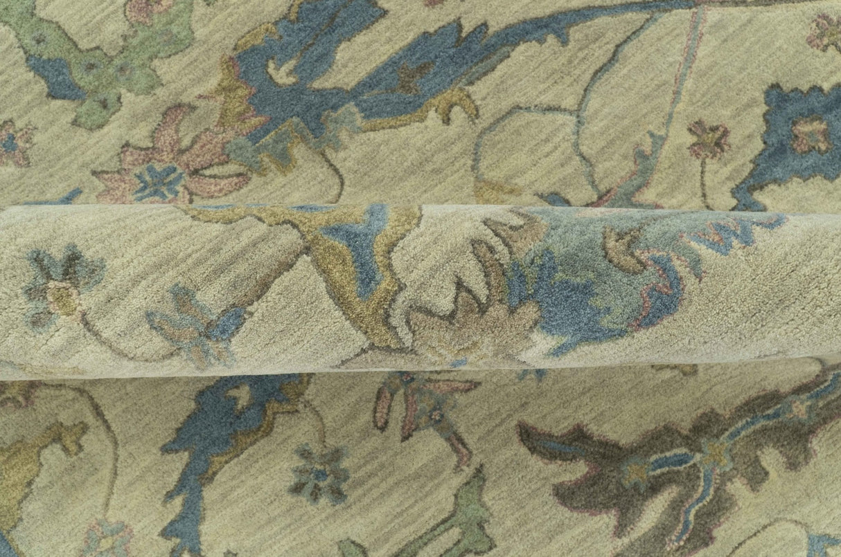 Custom Made Traditional Oushak Design Beige And Blue Hand Tufted Wool Area Rug