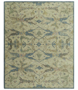 Custom Made Traditional Oushak Design Beige And Blue Hand Tufted Wool Area Rug