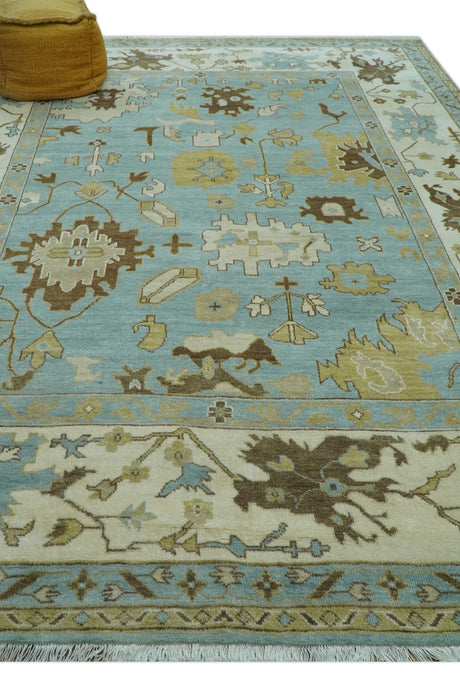 Custom Made Traditional Oushak Design Blue Hand Knotted Wool Area Rug
