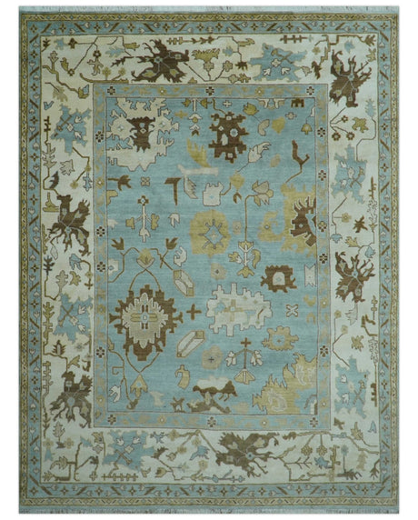 Custom Made Traditional Oushak Design Blue Hand Knotted Wool Area Rug