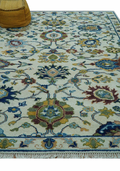 Custom Made Traditional Oushak Design Ivory And Blue Hand Knotted Wool Area Rug