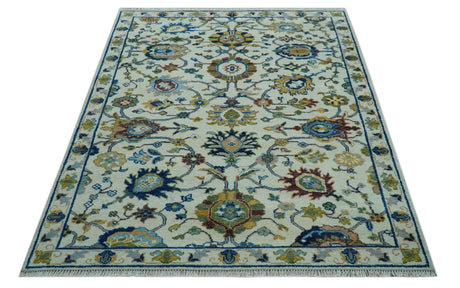 Custom Made Traditional Oushak Design Ivory And Blue Hand Knotted Wool Area Rug