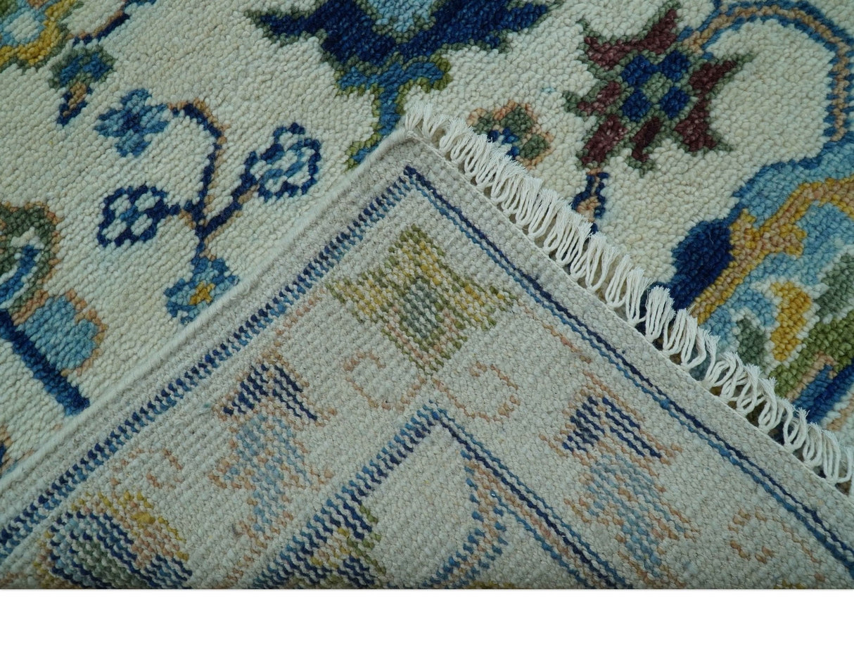 Custom Made Traditional Oushak Design Ivory And Blue Hand Knotted Wool Area Rug