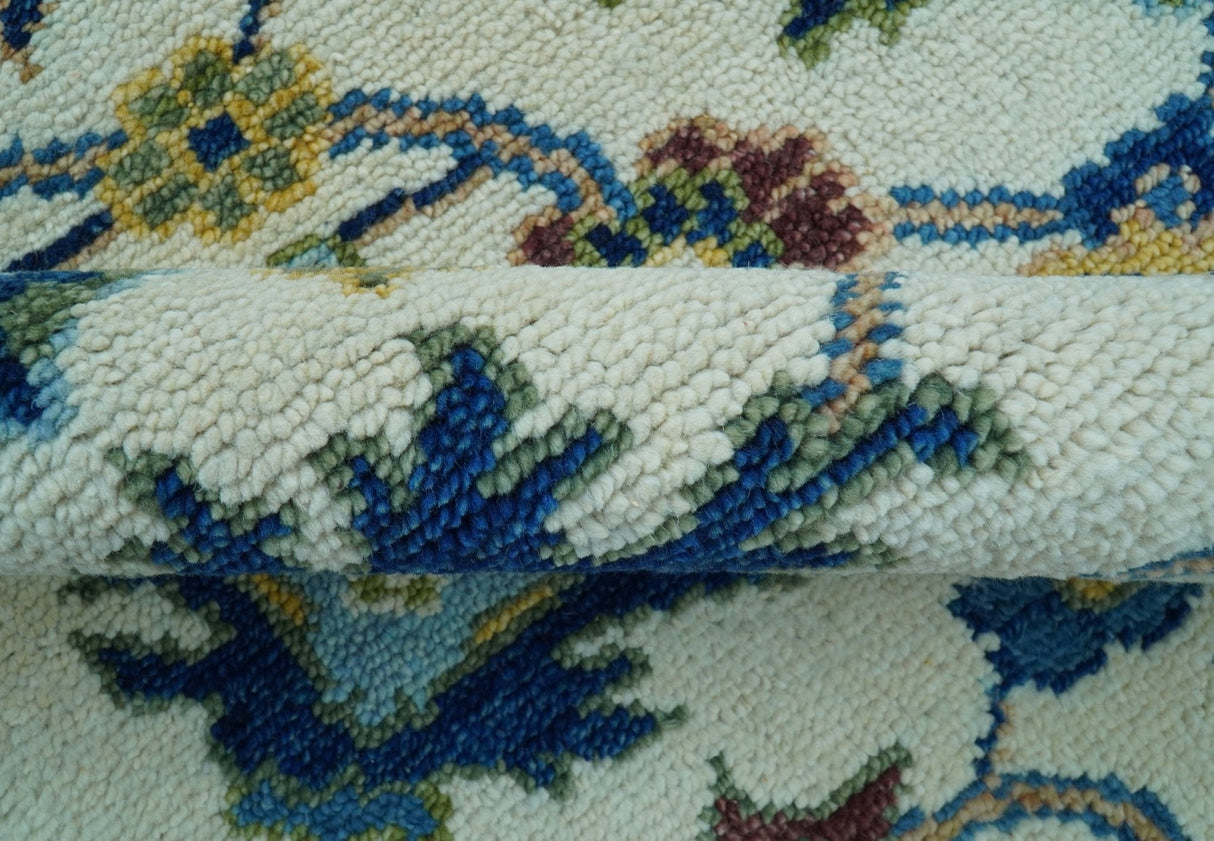 Custom Made Traditional Oushak Design Ivory And Blue Hand Knotted Wool Area Rug