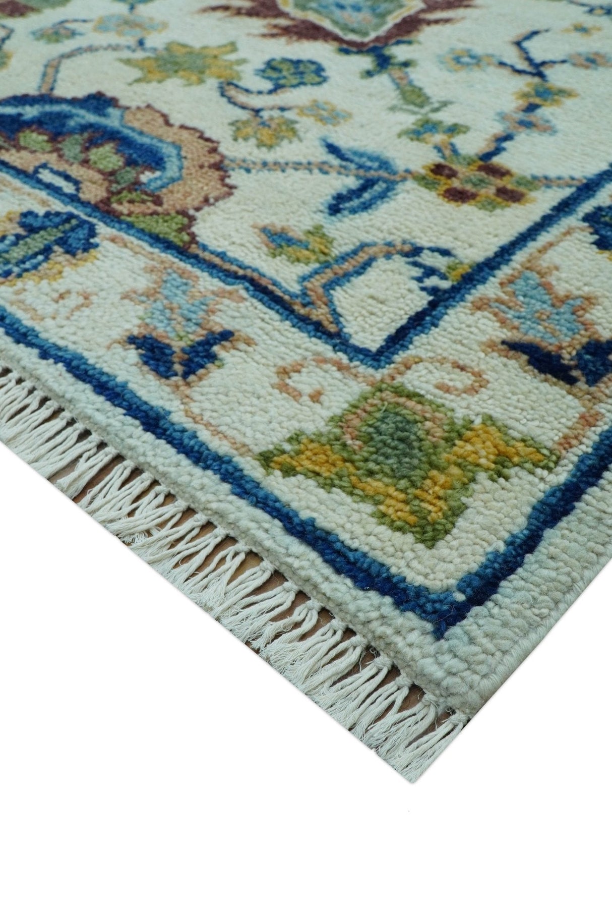 Custom Made Traditional Oushak Design Ivory And Blue Hand Knotted Wool Area Rug
