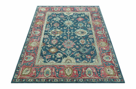 Custom Made Traditional Oushak Design Teal Hand Tufted Wool Rug