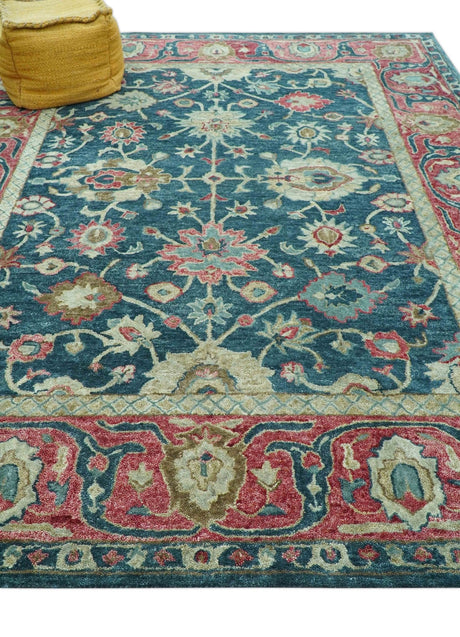 Custom Made Traditional Oushak Design Teal Hand Tufted Wool Rug