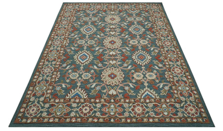 Custom Made Traditional Persian Design Silver, Blue And Rust Hand Tufted Wool Area Rug