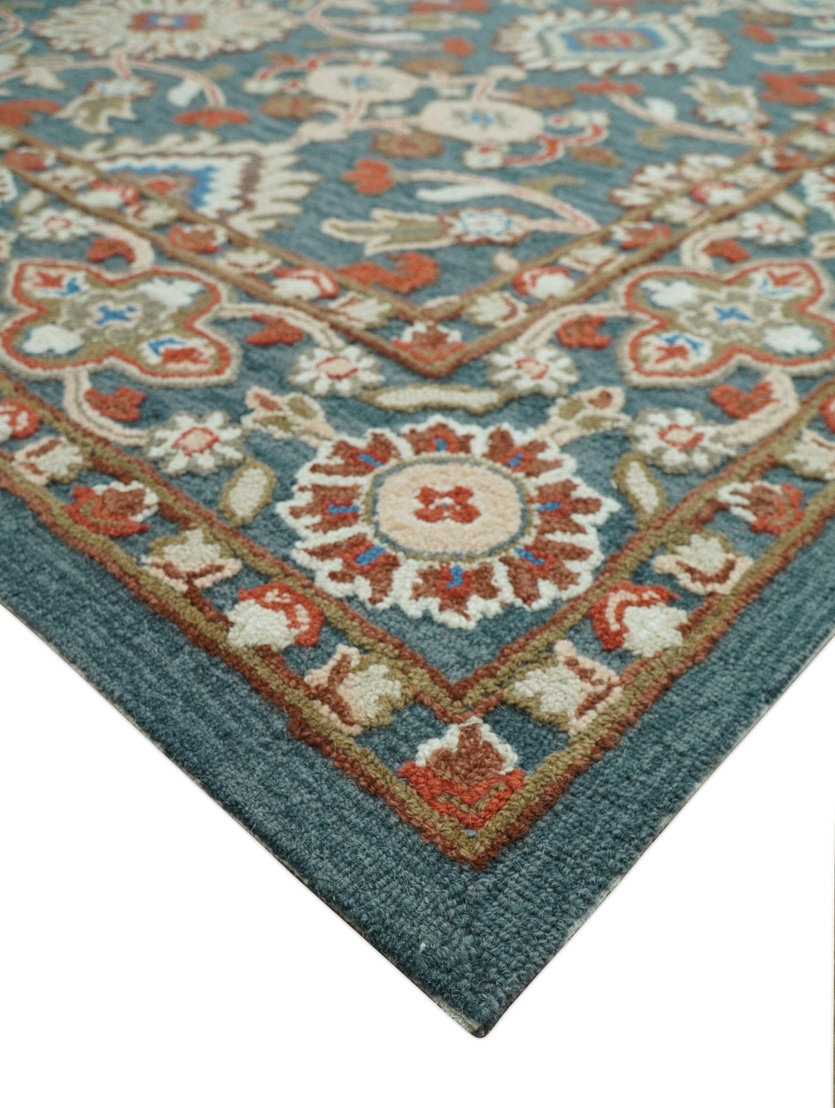 Custom Made Traditional Persian Design Silver, Blue And Rust Hand Tufted Wool Area Rug