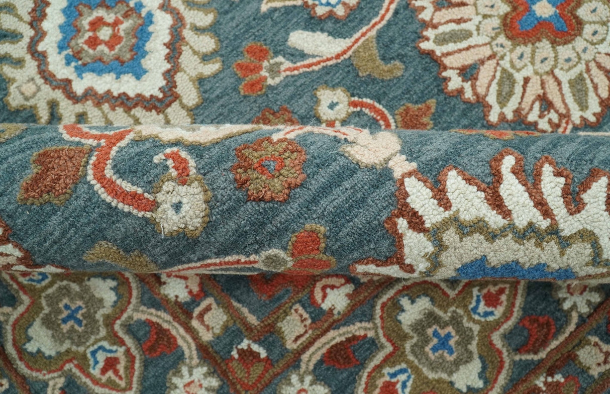 Custom Made Traditional Persian Design Silver, Blue And Rust Hand Tufted Wool Area Rug