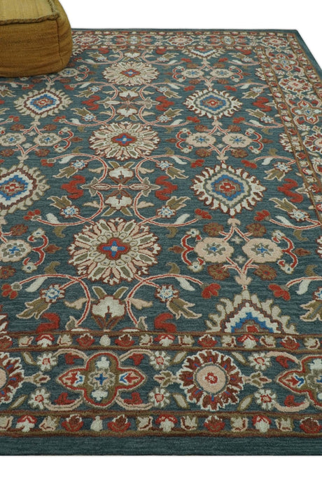 Custom Made Traditional Persian Design Silver, Blue And Rust Hand Tufted Wool Area Rug