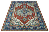 Custom Made Traditional Rust, Ivory and Blue Heriz Medallion Wool Area Rug