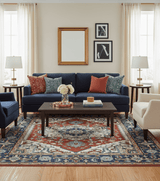 Custom Made Traditional Rust, Ivory and Blue Heriz Medallion Wool Area Rug