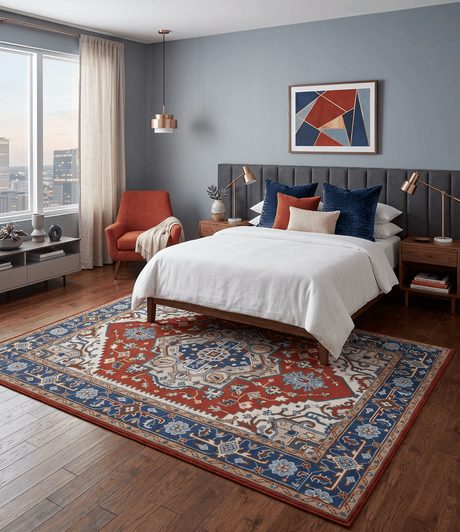 Custom Made Traditional Rust, Ivory and Blue Heriz Medallion Wool Area Rug