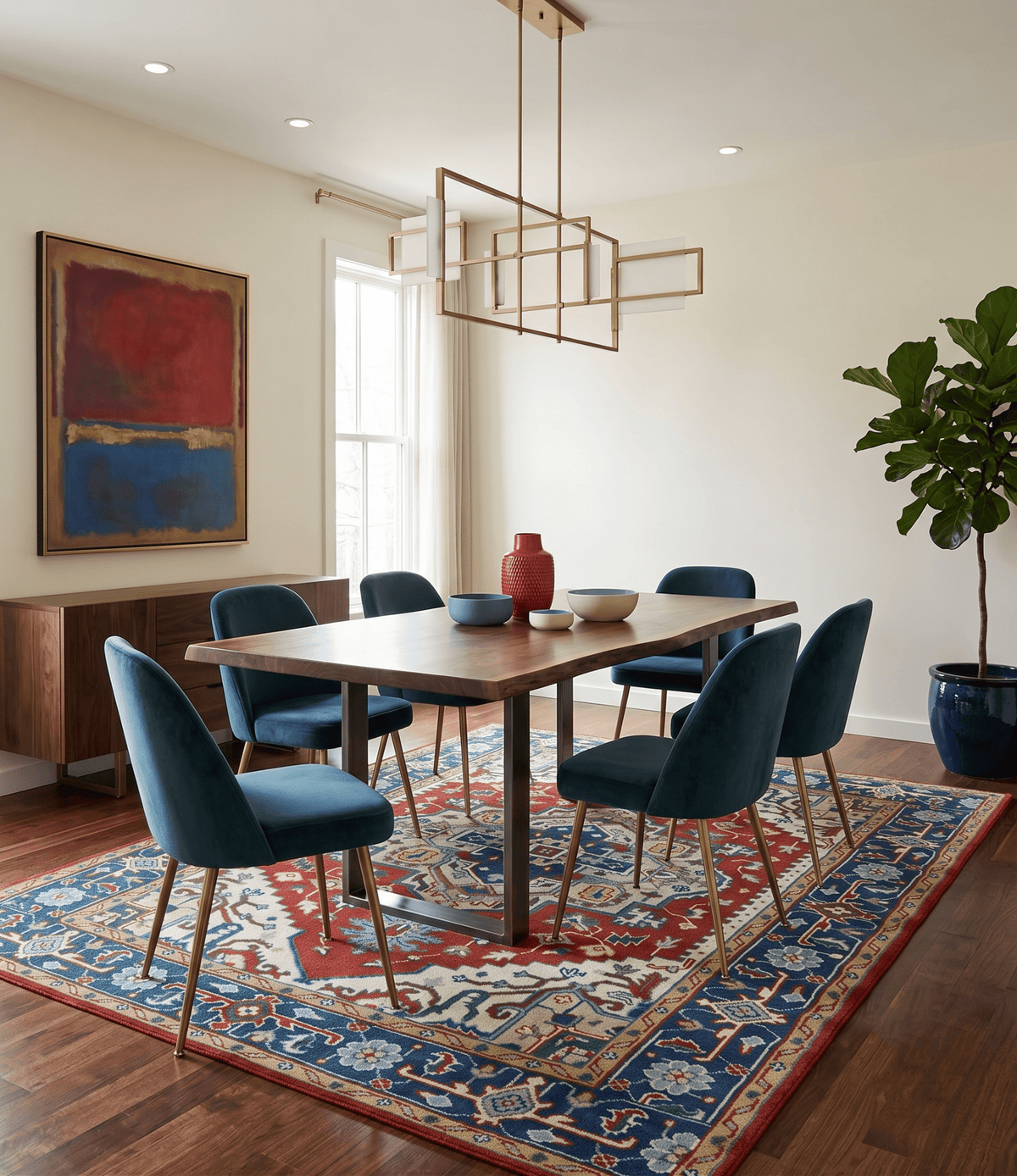Custom Made Traditional Rust, Ivory and Blue Heriz Medallion Wool Area Rug