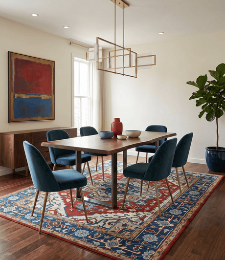 Custom Made Traditional Rust, Ivory and Blue Heriz Medallion Wool Area Rug